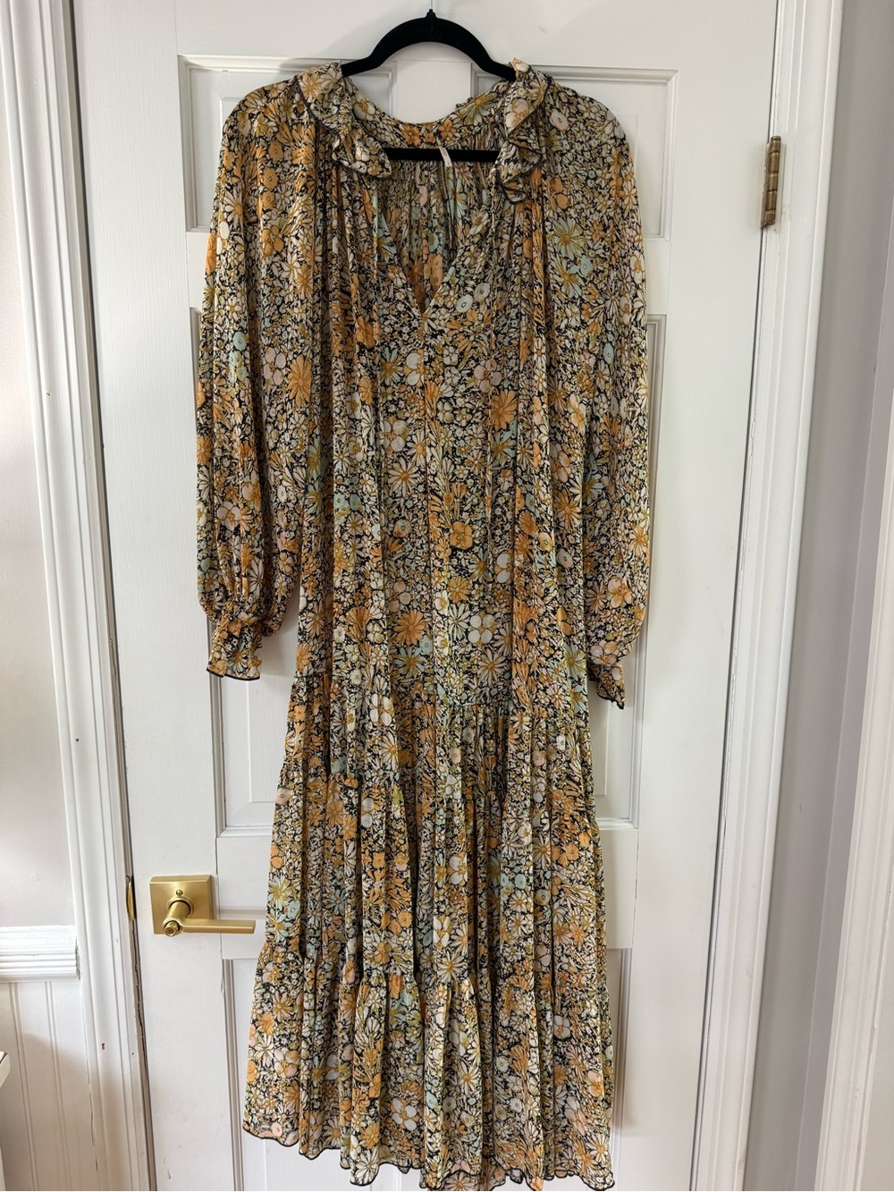 Free People Floral Tiered Long Sleeve Midi Dress in Mustard Floral - Picture 1 of 3